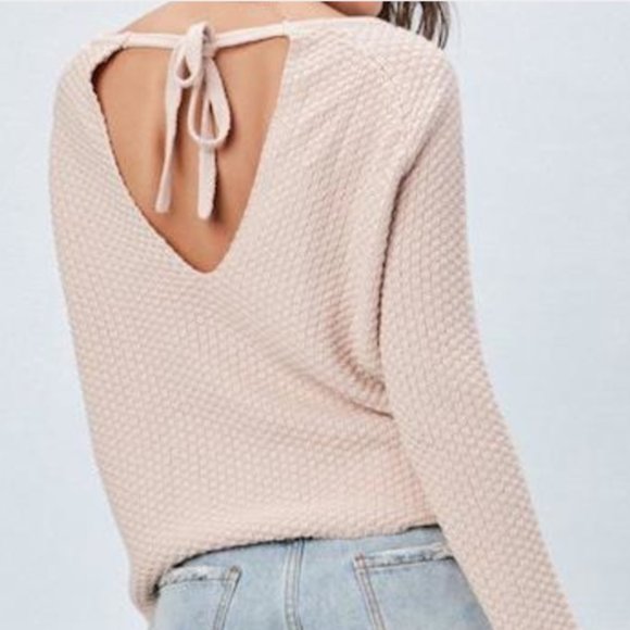 | love stitch • ivory waffle knit open tie-back sweater • size m | - Picture 1 of 13